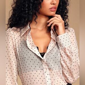 Lulus Major Mood Blush Pink Polka Dot Sheer Button-Up Top